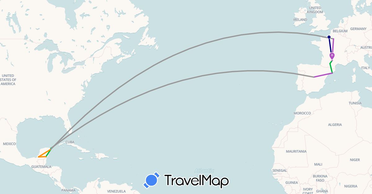 TravelMap itinerary: driving, bus, plane, train, hitchhiking in Spain, France, Mexico (Europe, North America)